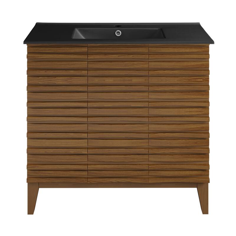 Cascade 36 In. Brown Oak Bathroom Vanity With Black Ceramic Sink Top