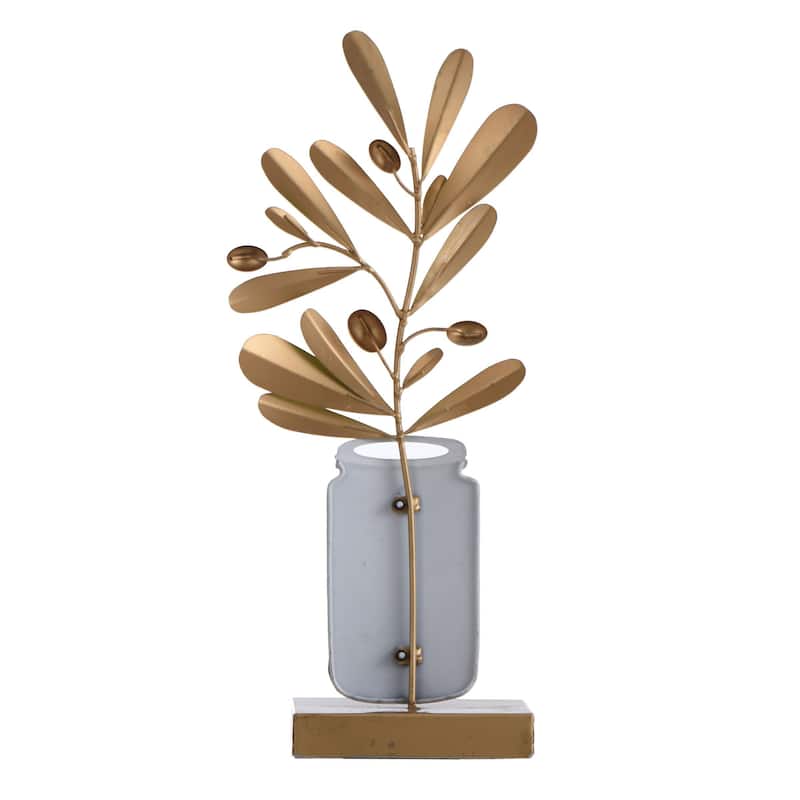 Planted Stem Metal Table Top Art of Green Plant Stem with Gold Buds in Jar - 3"D x 10"W x 20"H - 3"D x 10"W x 20"H