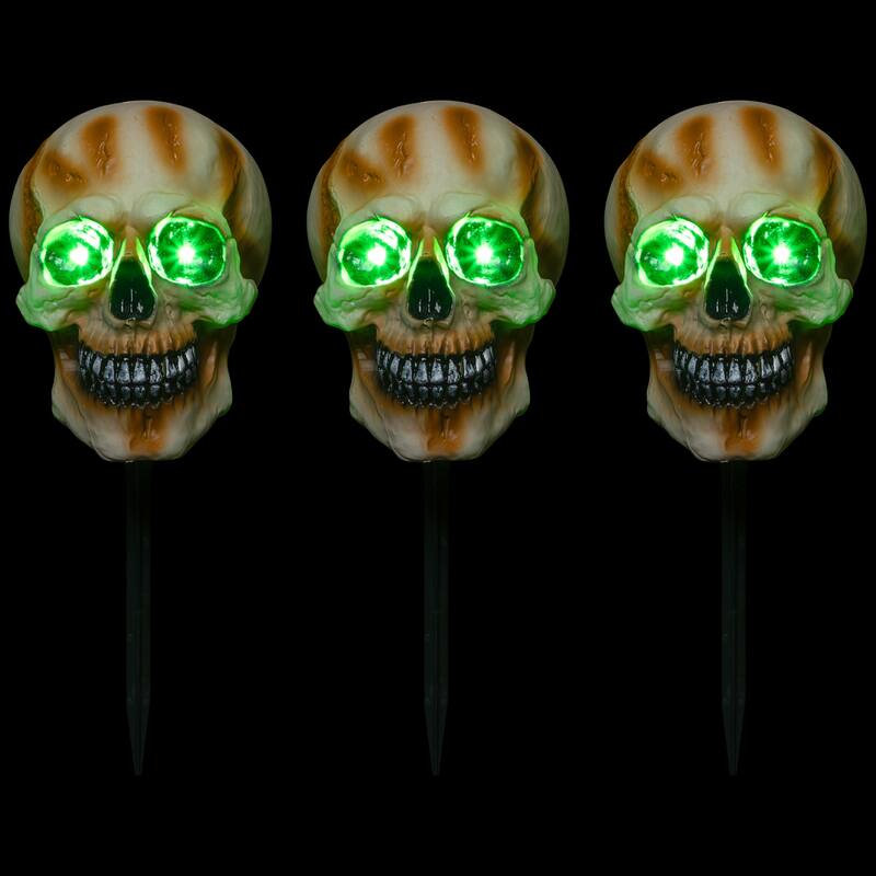 3 Lighted Skeleton Head Halloween Pathway Markers Sound B/O