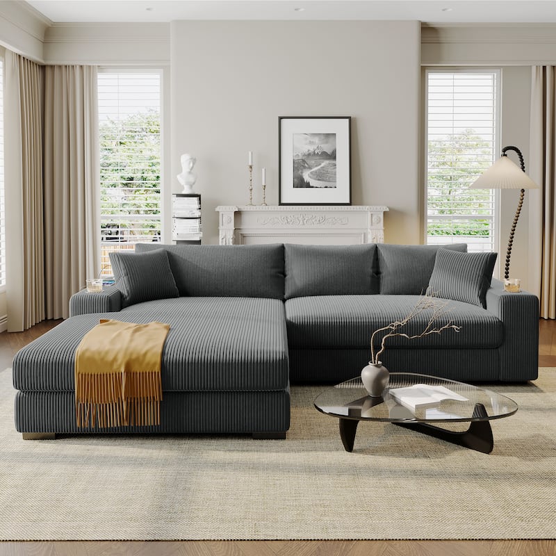 Roomfitters Large Sectional Sofa with Thick Cushions, Built-in Cup Holders and Charging Ports for Living Room - Grey