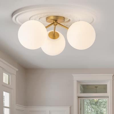 Modern 3-Light 18" W Semi Flush Mount With Opal Glass Shade