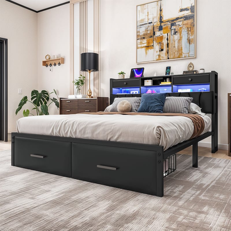 6 Drawers PU Leather Upholstered Platform Bed, Bed Frame with Hidden Storage Headboard and Power Outlets