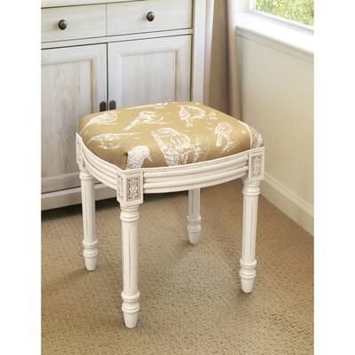 Tan Bird Watch Vanity Stool with antique white finish
