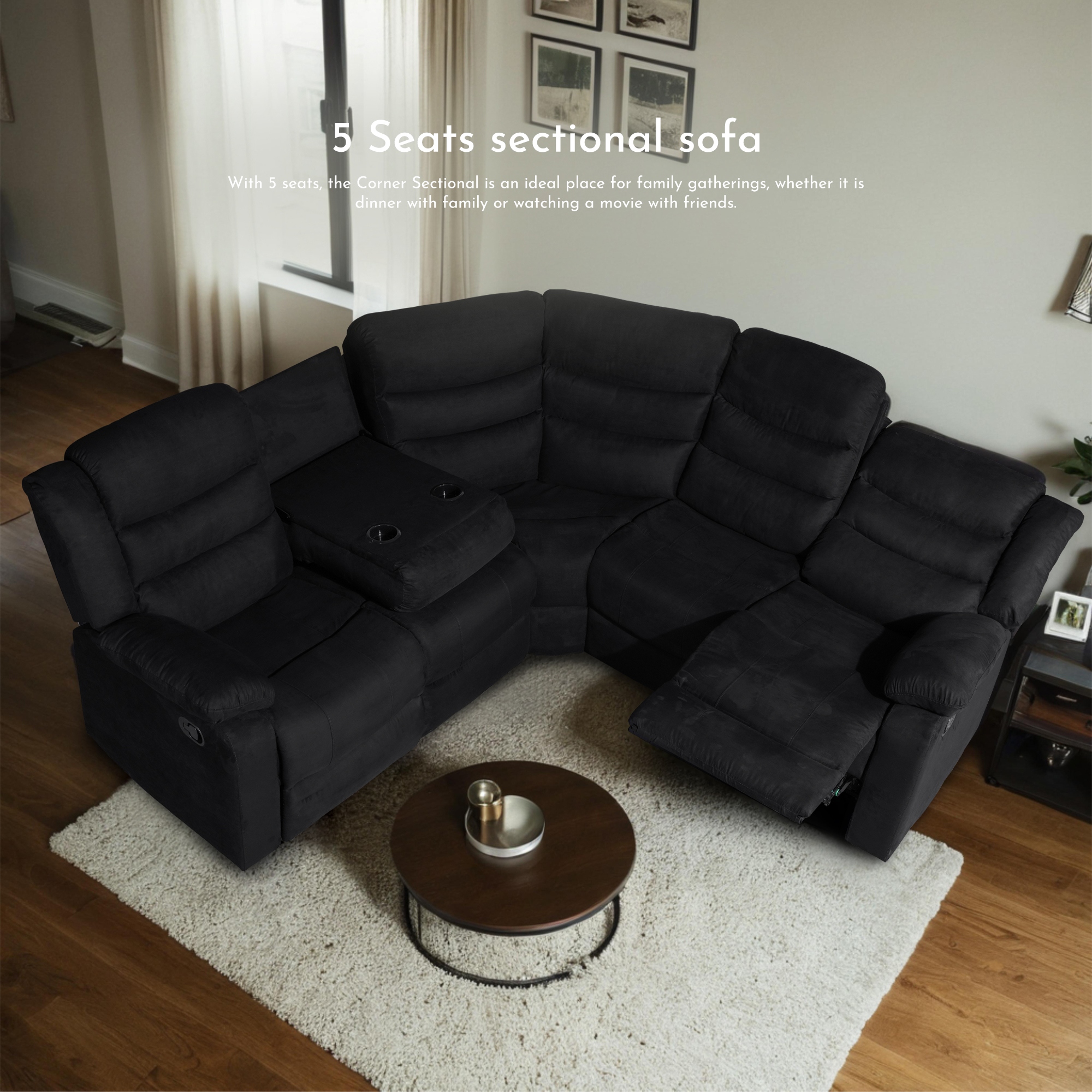 93 Width Polyester Suede 5 Piece Manual Reclining Sectional Sofa