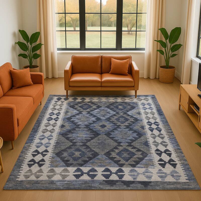 Premium Washable Super Soft Traditional Global Mayfield Rug - Navy - 3' x 5'