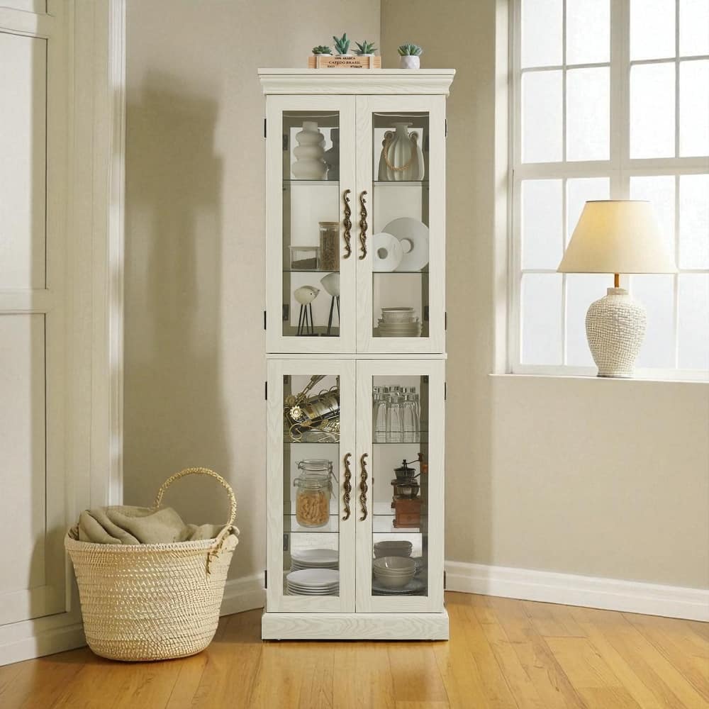 Lighted Glass Display Cabinet with Adjustable Shelves, Wood Frame and Glass Doors, Bulb Included