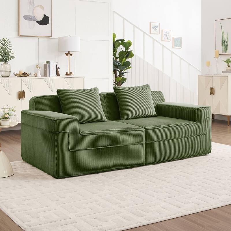 Modular 2-Seat Boneless Sofa, Modern Sectional Couch with Deep Seats, Wide Armrests, Corduroy Loveseat with Throw Pillows