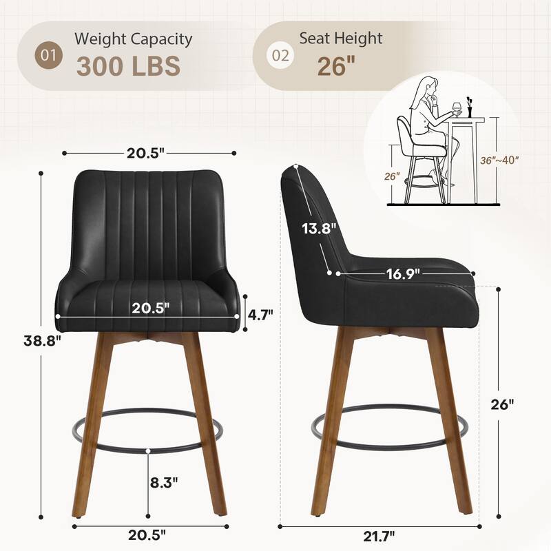 26" Upholstered Counter Height Swivel Bar Stool with Solid Wood Legs - 38.8"H x 20.5"W x 21.7"D