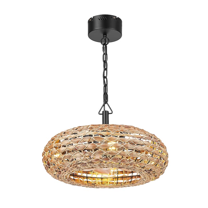 20 in. Indoor Rattan 100-240 V Flush Mount Farmhouse Rattan Cage Ceiling Fan with Light - 19.7 Inches - Beige