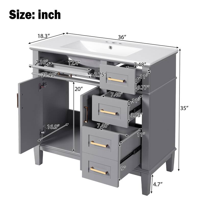 36" Modern Bathroom Vanity with Ceramic Sink, Soft Close Doors, 4 Drawers for Storage for Small Bathrooms
