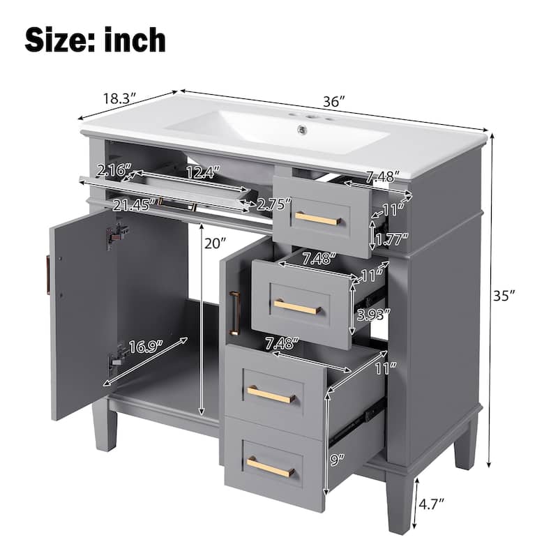 36"Modern Bathroom Vanity with Ceramic Sink, Soft Close Doors, 4 Drawers for Storage, Elegant Design for Small Bathrooms
