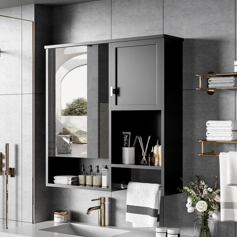 29'' x 28'' Wall Mounted Bathroom Medicine Cabinet with Mirror and Towels Bar