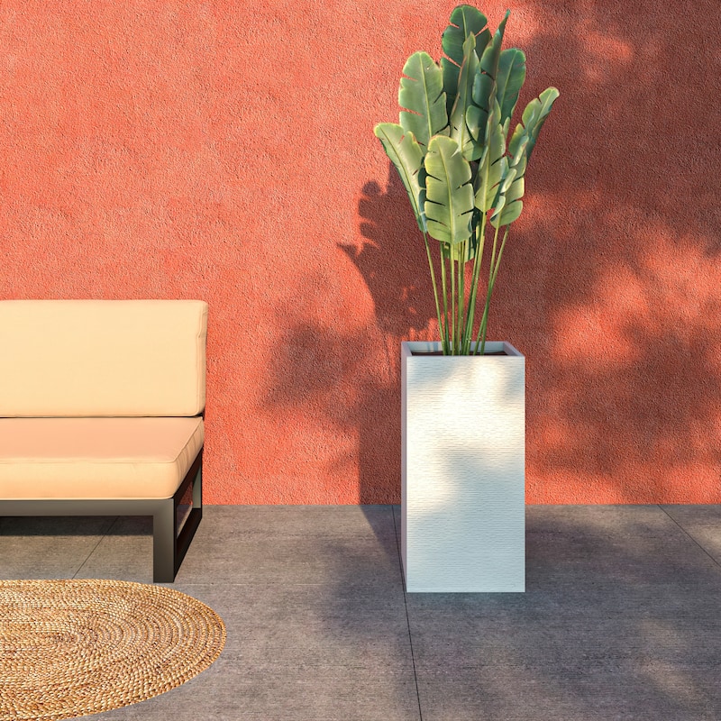 Basalt Modern Tall Square MGO Fiberstone Planter Pot Weather-Resistant Design for Indoor Outdoor Patio with Drainage - 28 Inch - White