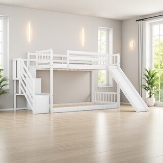 Twin over Twin Wood Bunk Bed with Convertible Slide, Stairway & Storage ...