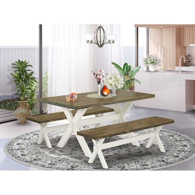 HomeStock 3-Piece Rectangle Distressed Jacobean Finish Solid Wood Top Dining Table with 2-Benches