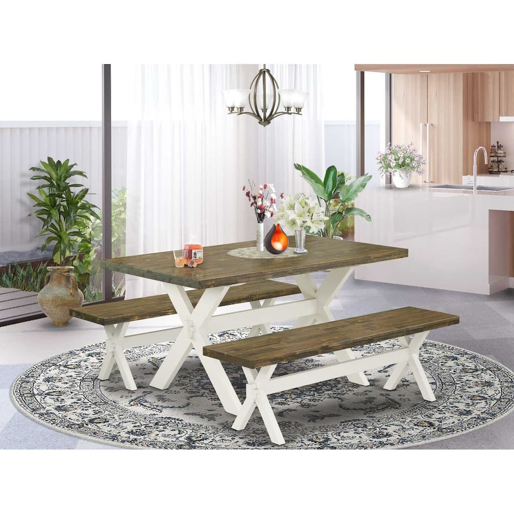 HomeStock 3-Piece Rectangle Distressed Jacobean Finish Solid Wood Top Dining Table with 2-Benches