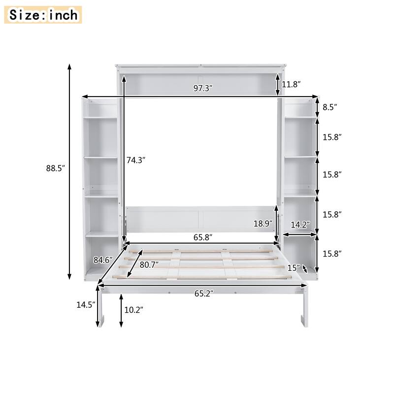Wooden Wall Murphy Bed with Side Bookshelf & LED Lights