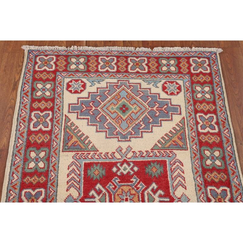 Ivory Geometric Kazak Accent Rug Hand-Knotted Wool Carpet - 2'7" x 4'3"