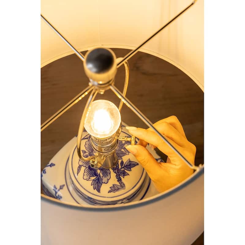 D13x25.7" Blue and White Round Two-Tiered Ceramic Vase Lamp