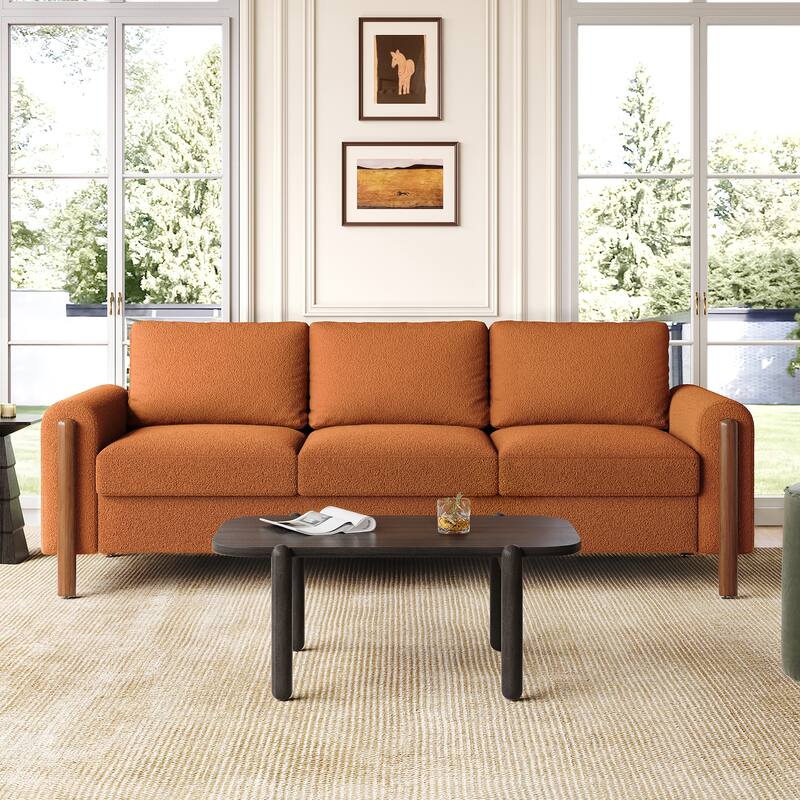 Teddy Velvet Fabric 3 Seater Sofa, Upholstered Sofa with Curved Armrest, Lounge Sofa Chair with Solid Wood Legs - Orange