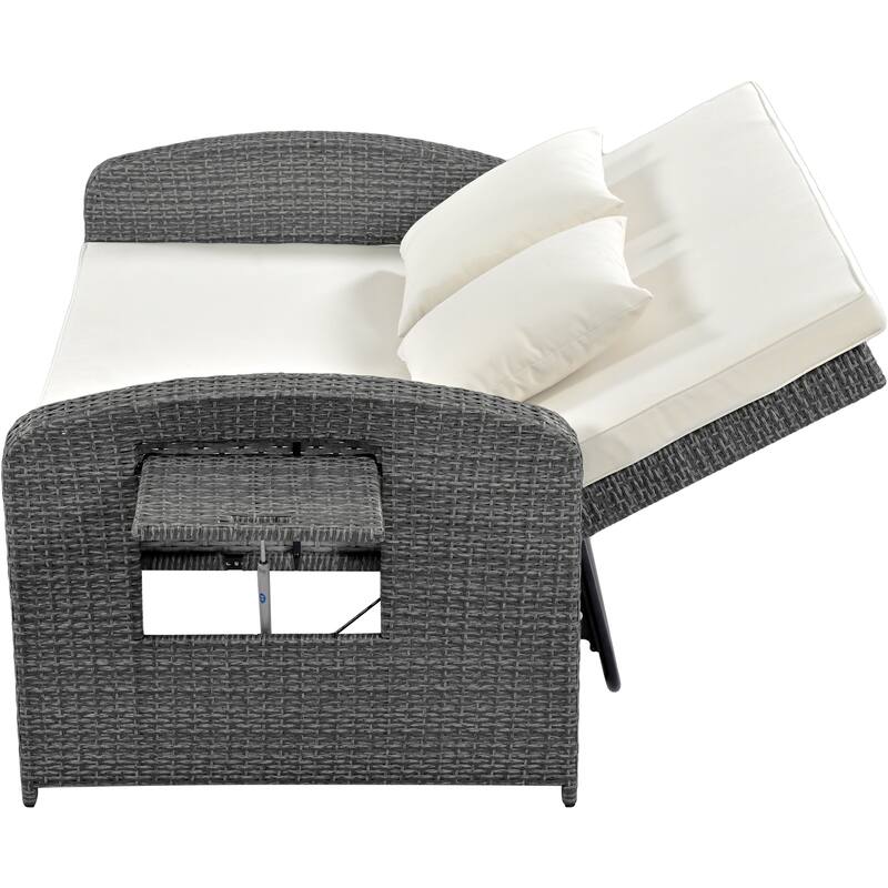 Outdoor Double Reclining Chaise Lounge with Cushions and Waterproof Cover, Adjustable Backrest and Hidden Footrest Storage