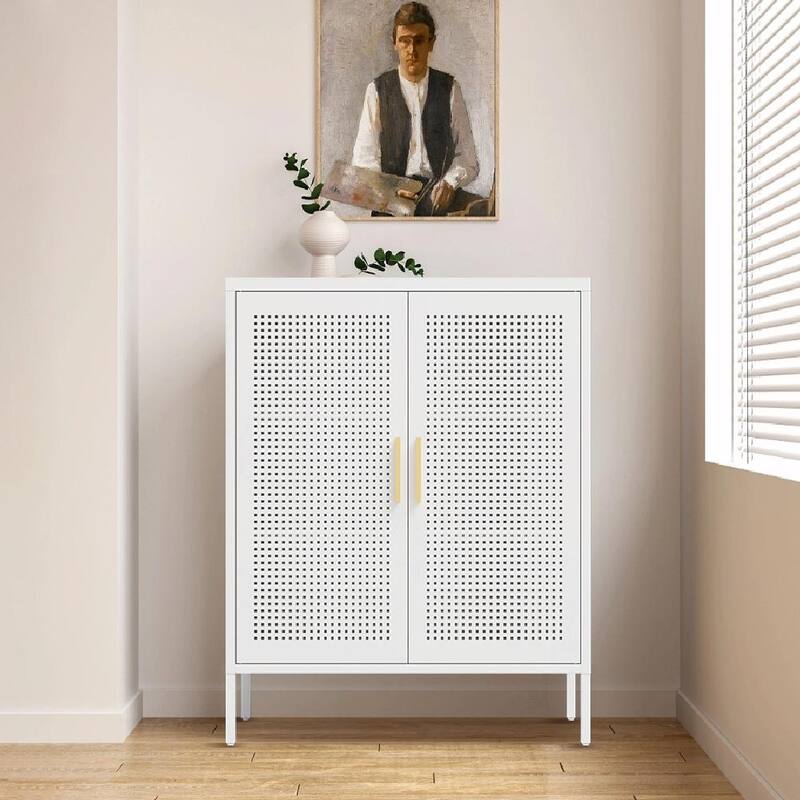 Steel Lockable Garage Storage Cabinet with 2 Doors and 2 Adjustable Shelves - White
