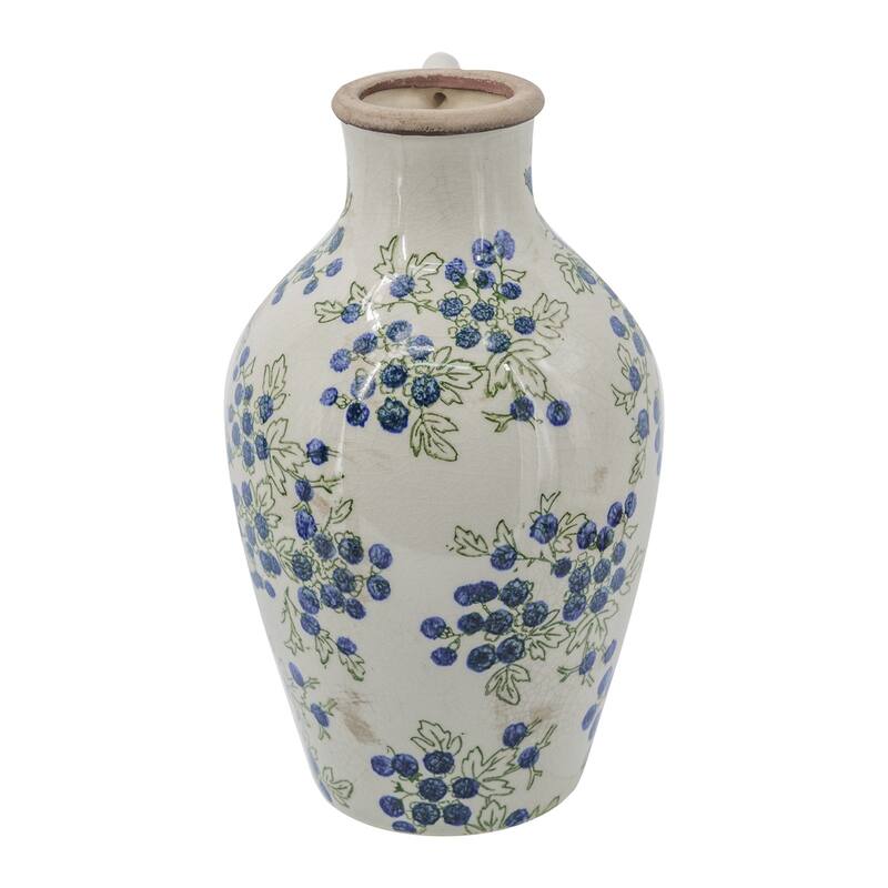 7.5x7.3x12" White Ceramic Vase With Blue Berry Motif