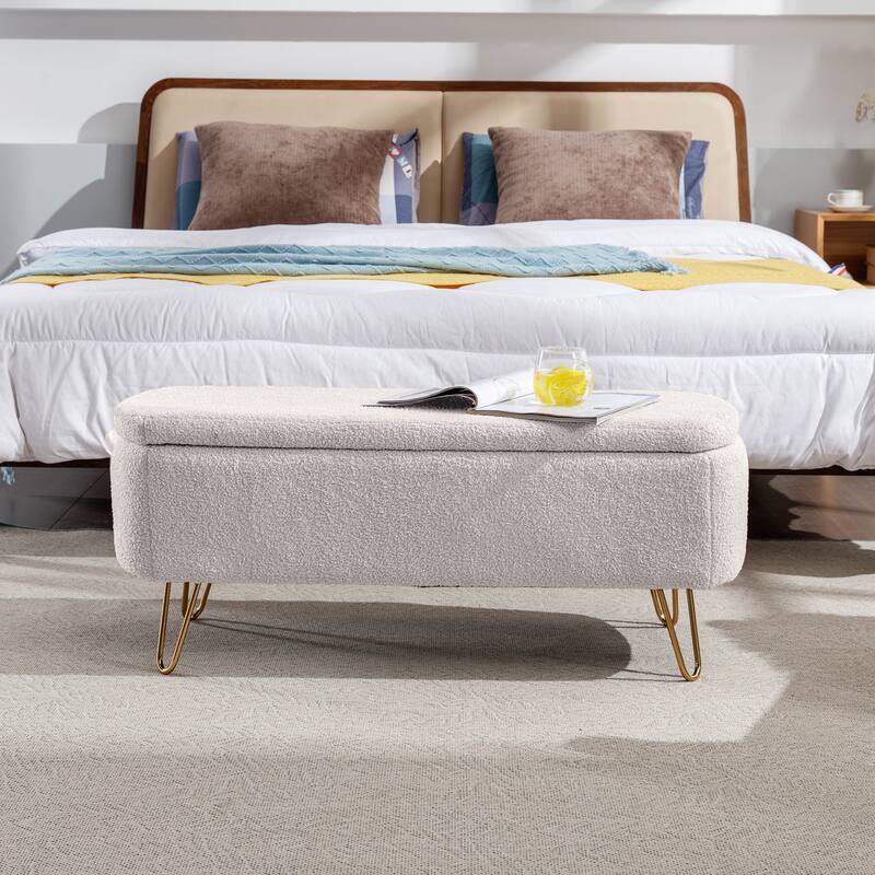 Modern Camel Fur Storage Ottoman with Gold Legs for Living Room Bedroom