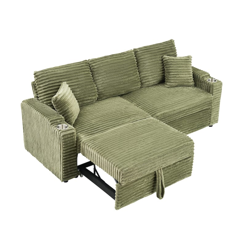80-inch Green Corduroy Two-in-one Folding Sofa with Cup Holder and Pillow