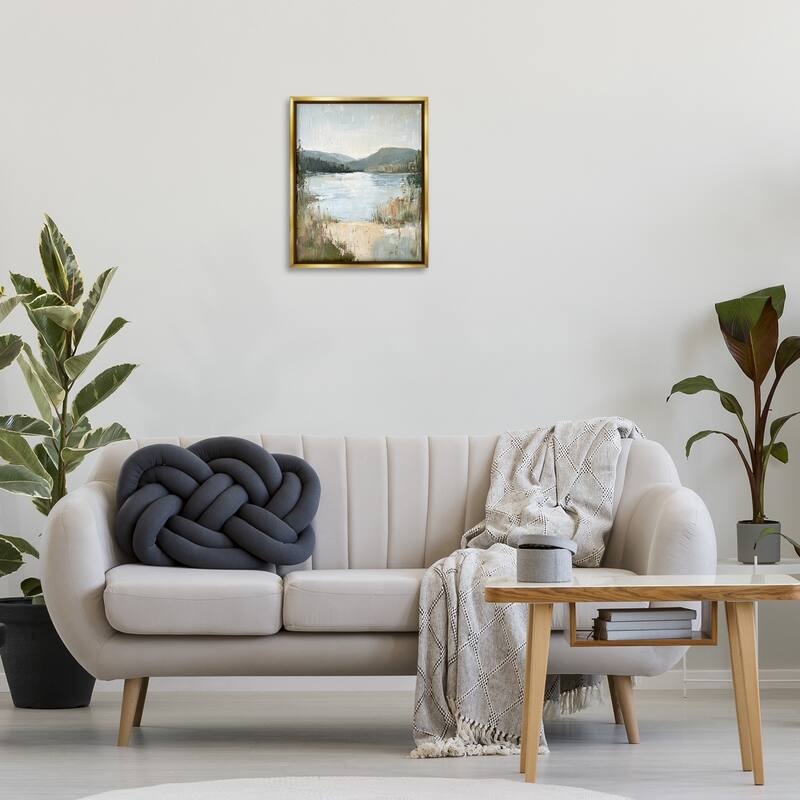 Stupell Abstract Lake Shore & Mountains Framed Floater Canvas Wall Art Design By Petal Prints Design