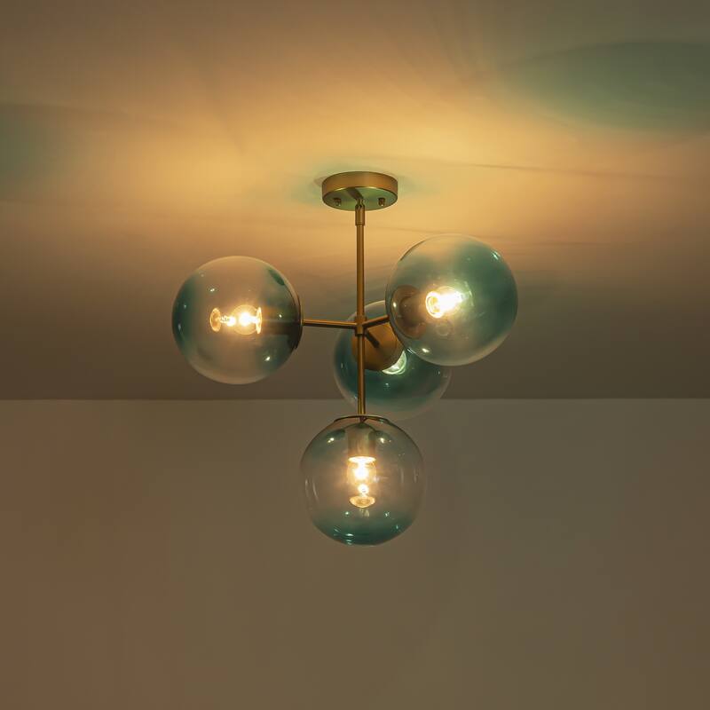 4-Light Modern Tiered Linear Sputnik Pendant Light in Brushed Gold/Black with Gradient Blue Glass Globes
