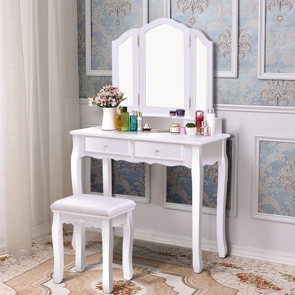 Gymax Bedroom Tri Folding Mirror Vanity Makeup Table Stool Set