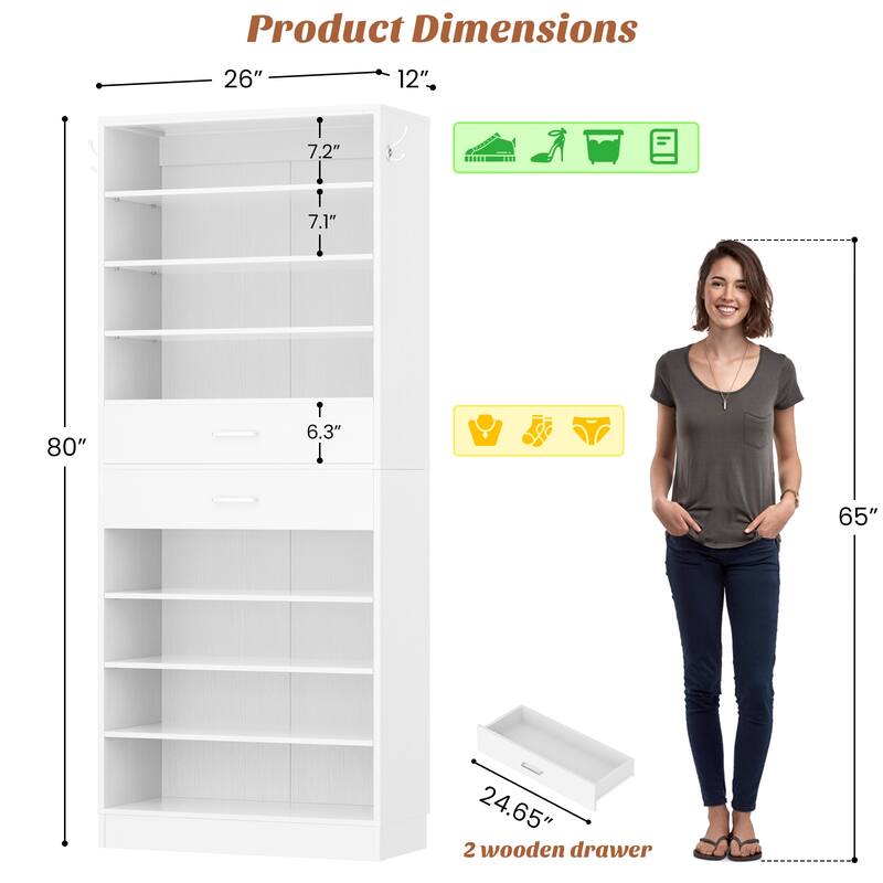9-Tier Shoe Cabinet with 2 Drawers, Freestanding Closet Organizer with Adjustable Storage Shelves