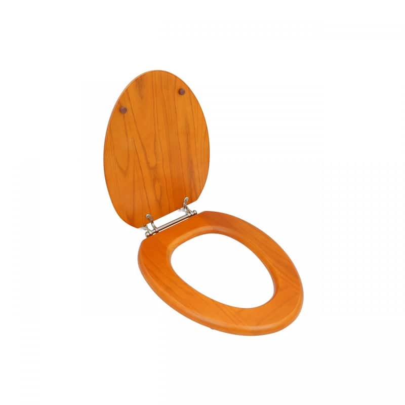 Golden Oak Wooden Toilet Seat Elongated Toilet Seat with Chrome Hinges and Non Slip Bumper - N/A - Orange