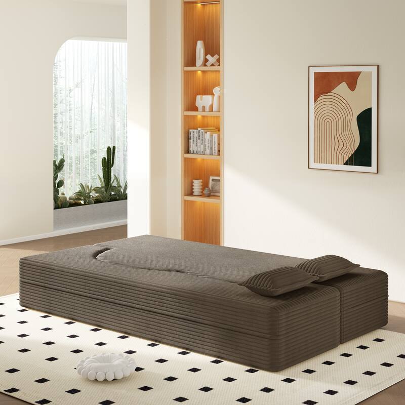 Convertible Floor Sofa with Corduroy Fabric, Twin Mattress & No Assembly
