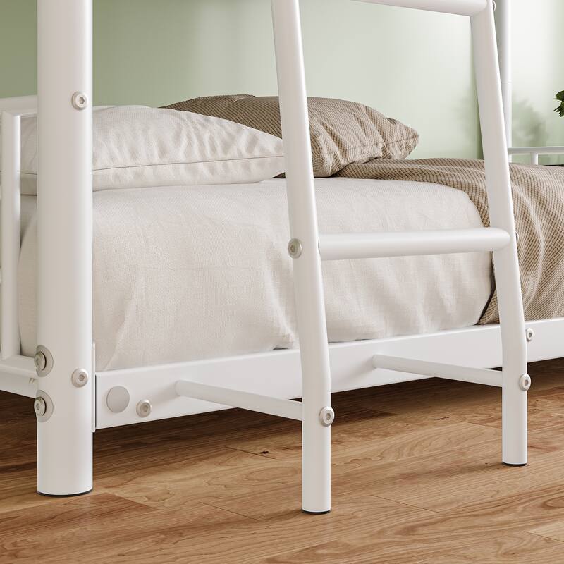 Heavy Duty Metal Triple Twin Bunk Bed with Guardrails, Ladder & Storage, Easy to Assemble