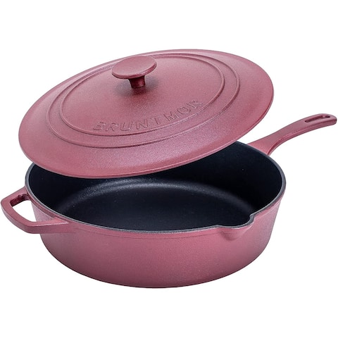 Enameled Silicone Oil Non-Stick Cast Iron Skillet -Deep Sauté Frying Pan with Lid, 12 Inch, Superior Heat Retention