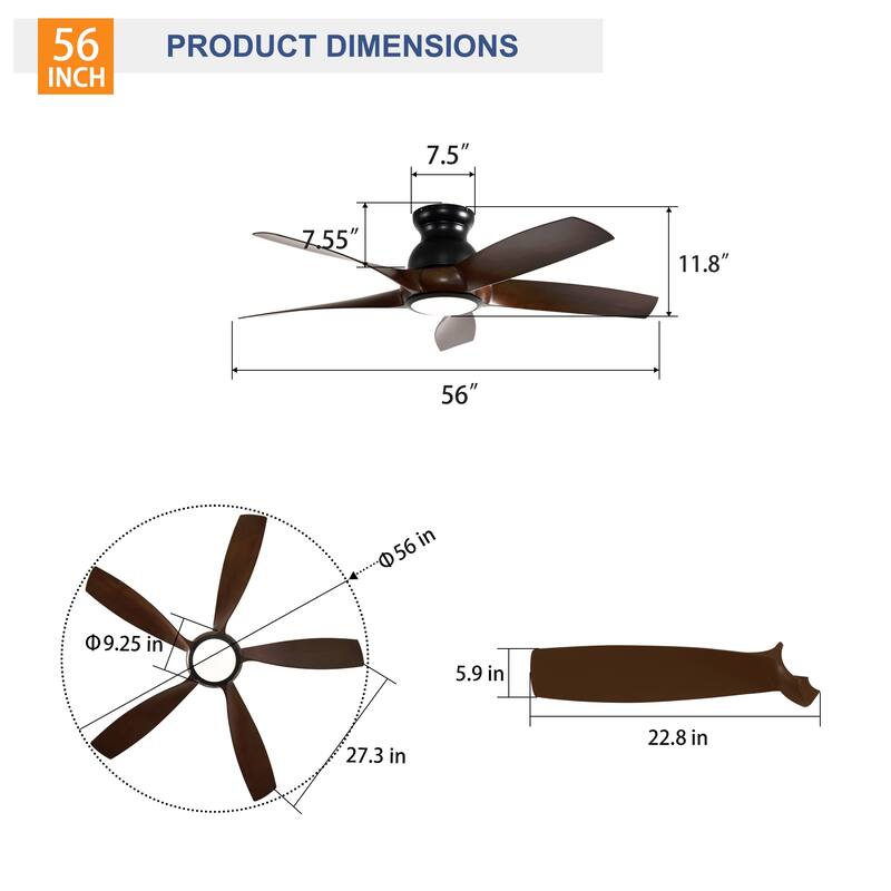 56 Inch 5 PCS ABS Blades Ceiling Fan With Light Kit 3 Color LED Light Source, DC 6 Speed,Remote Control