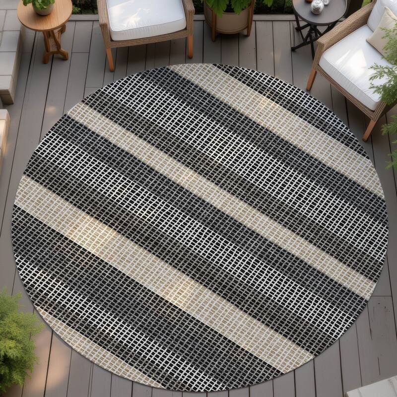 Machine Washable Indoor/ Outdoor Cabana Stripe Chantille Rug - Black - 8' x 8'