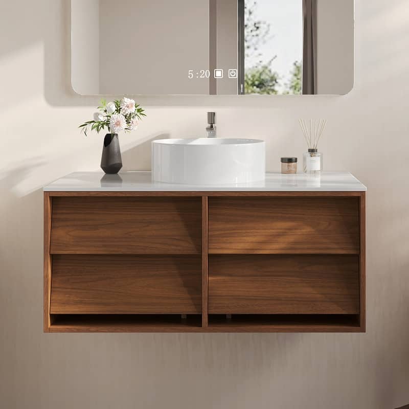 36" Modern Floating Bathroom Vanity | Brown Wood Cabinet with 4 Drawers | Single Sink with White Ceramic Top