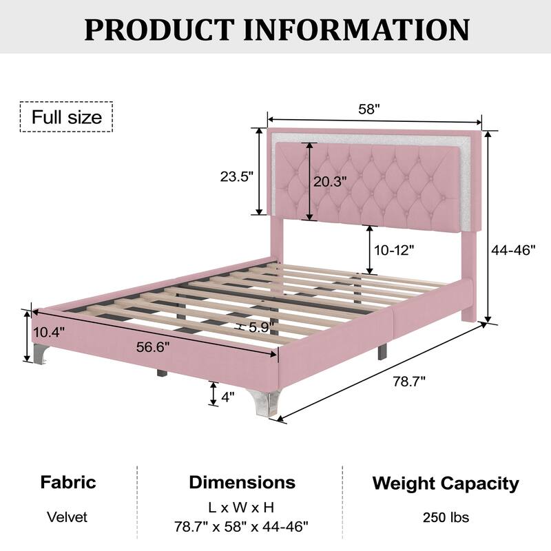 Full Size Upholstered Bed Frame with LED Lights, Modern Velvet Platform Bed with Tufted Headboard, Pink
