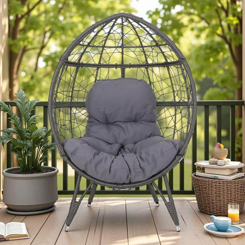 PE Rattan Teardrop Stand Only Chair with Waterproof Cushion聽and Iron Frame - Gray