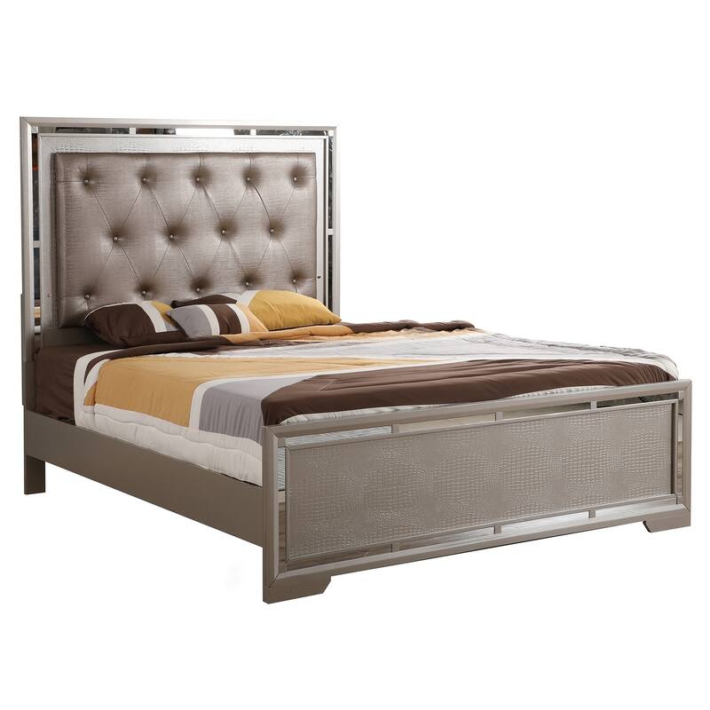 Tufted Croc Panel Full Bed with Mirror - 80" - Silver Champagne