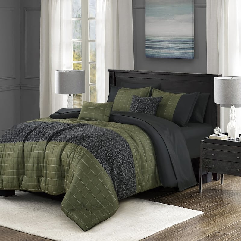 9 Piece Bed-in-a-Bag Green Black Geometric Soft Bedding Comforter Set - Black & Green - California King