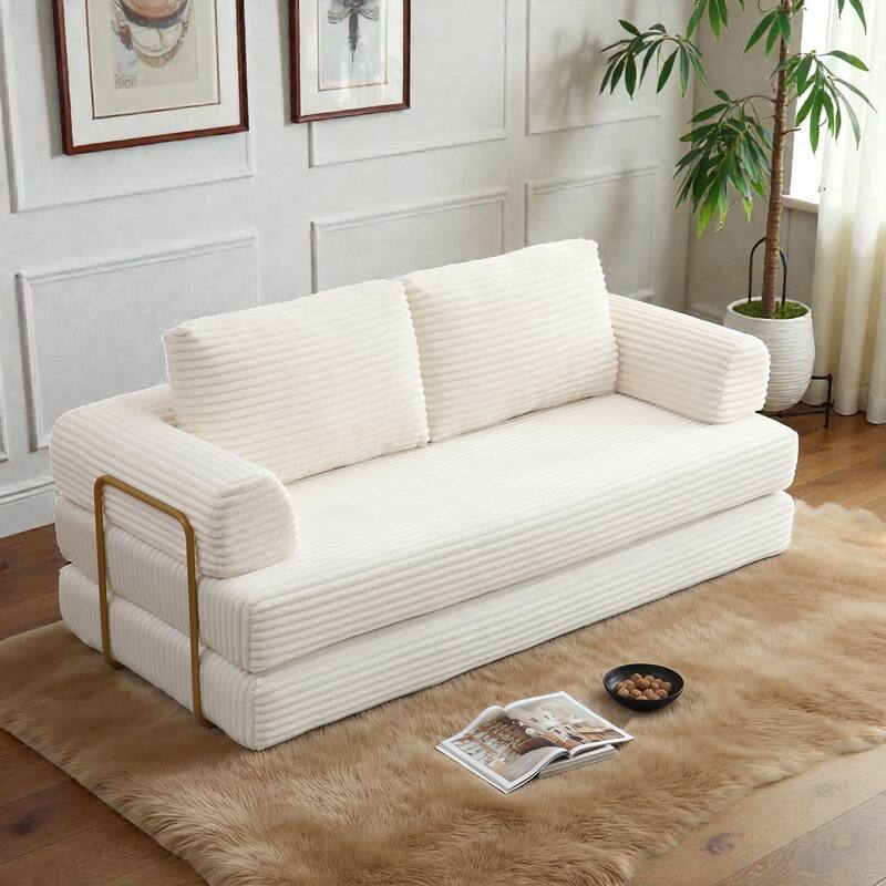 Convertible Sofa Bed Futon, Corduroy Folding Floor Couch with Pillows, Boneless Sleeper Mattress for Living Room - Beige