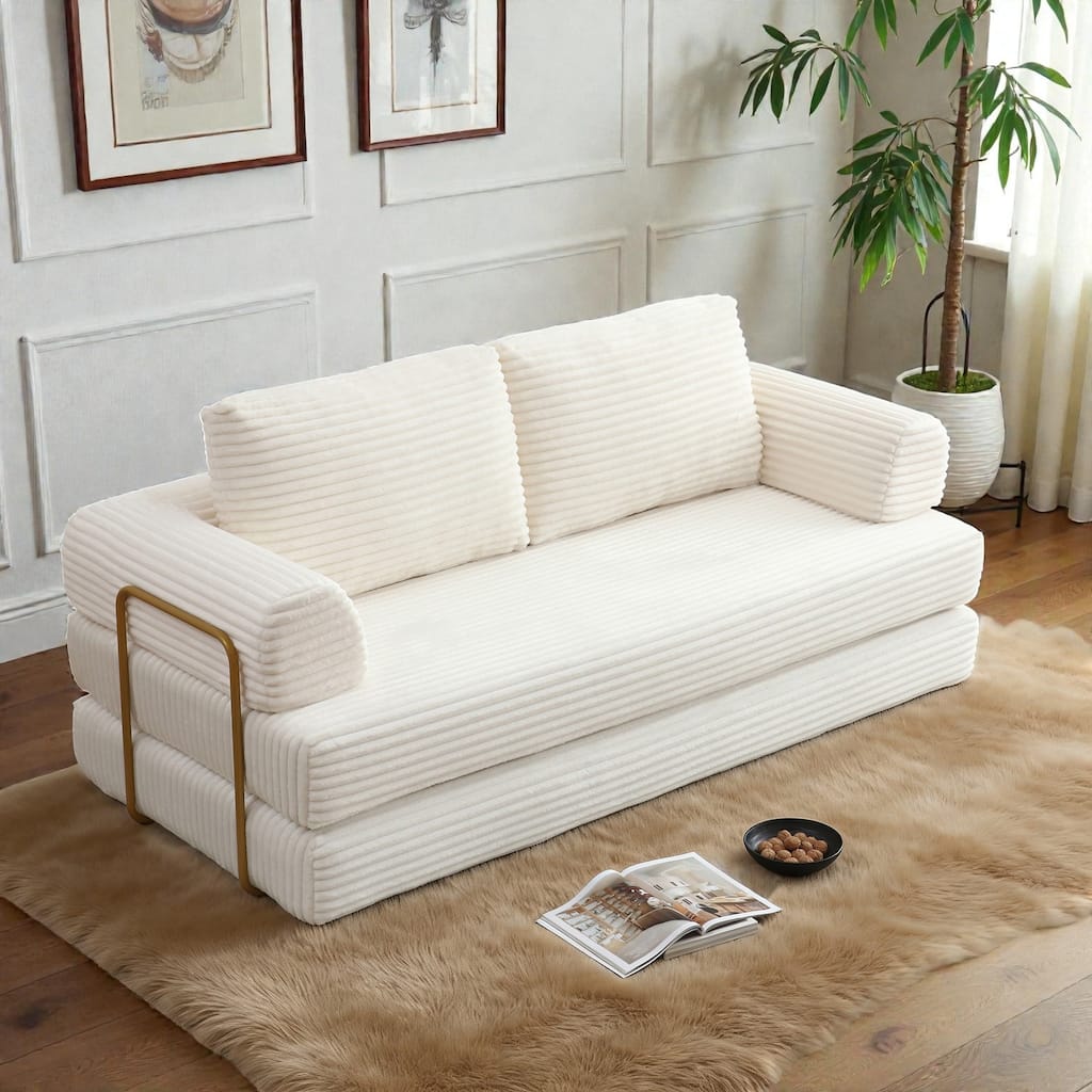Convertible Sofa Bed Futon, Corduroy Folding Floor Couch with Pillows, Boneless Sleeper Mattress for Living Room