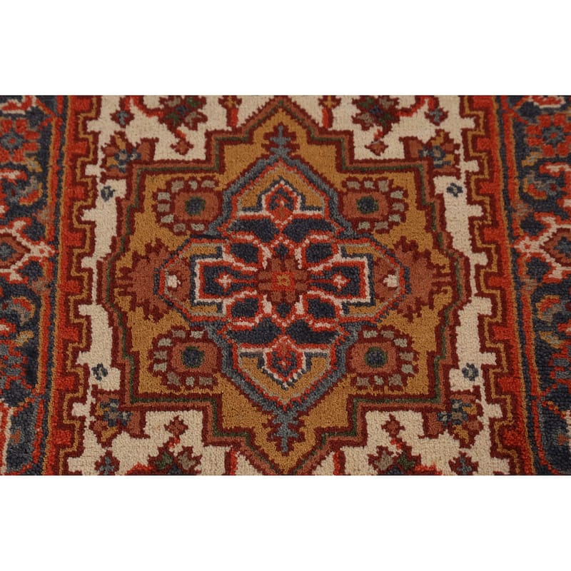 Traditional Heriz Serapi Runner Rug Hand-Knotted Beige Wool Carpet - 2'6" x 14'0"