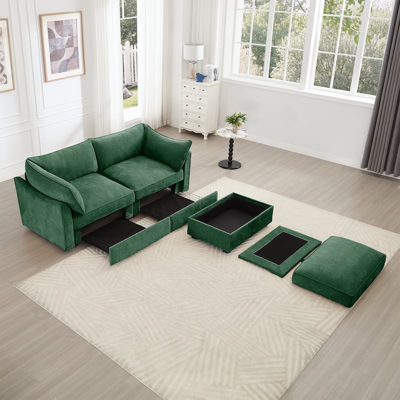 2-Seater Loveseat with 1 Movable Ottoman & Pull out Storage Drawer Under Seat