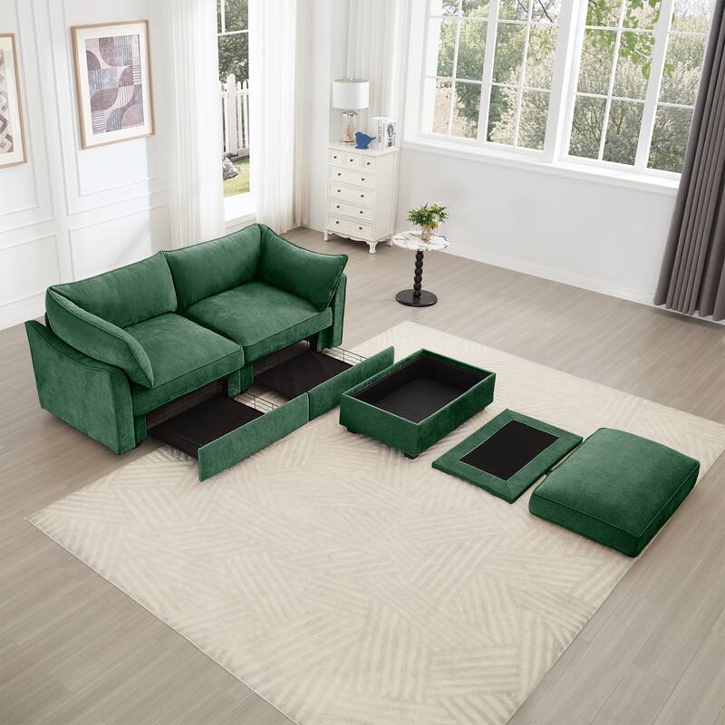 GDFStudio - Chenille 2-Seater 78.7" Sofa with Movable Ottoman and Storage Drawers
