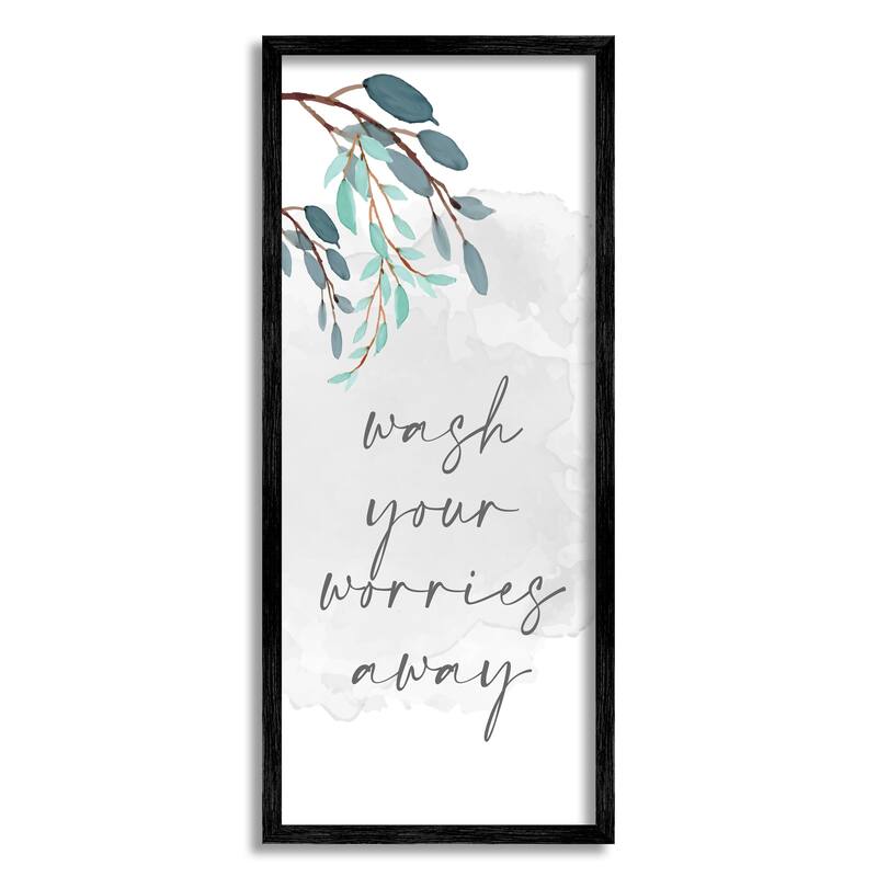 Stupell Wash Your Worries Away Bathroom Phrase Blue Tree Branches Framed Wall Art - 10 x 24 - Black